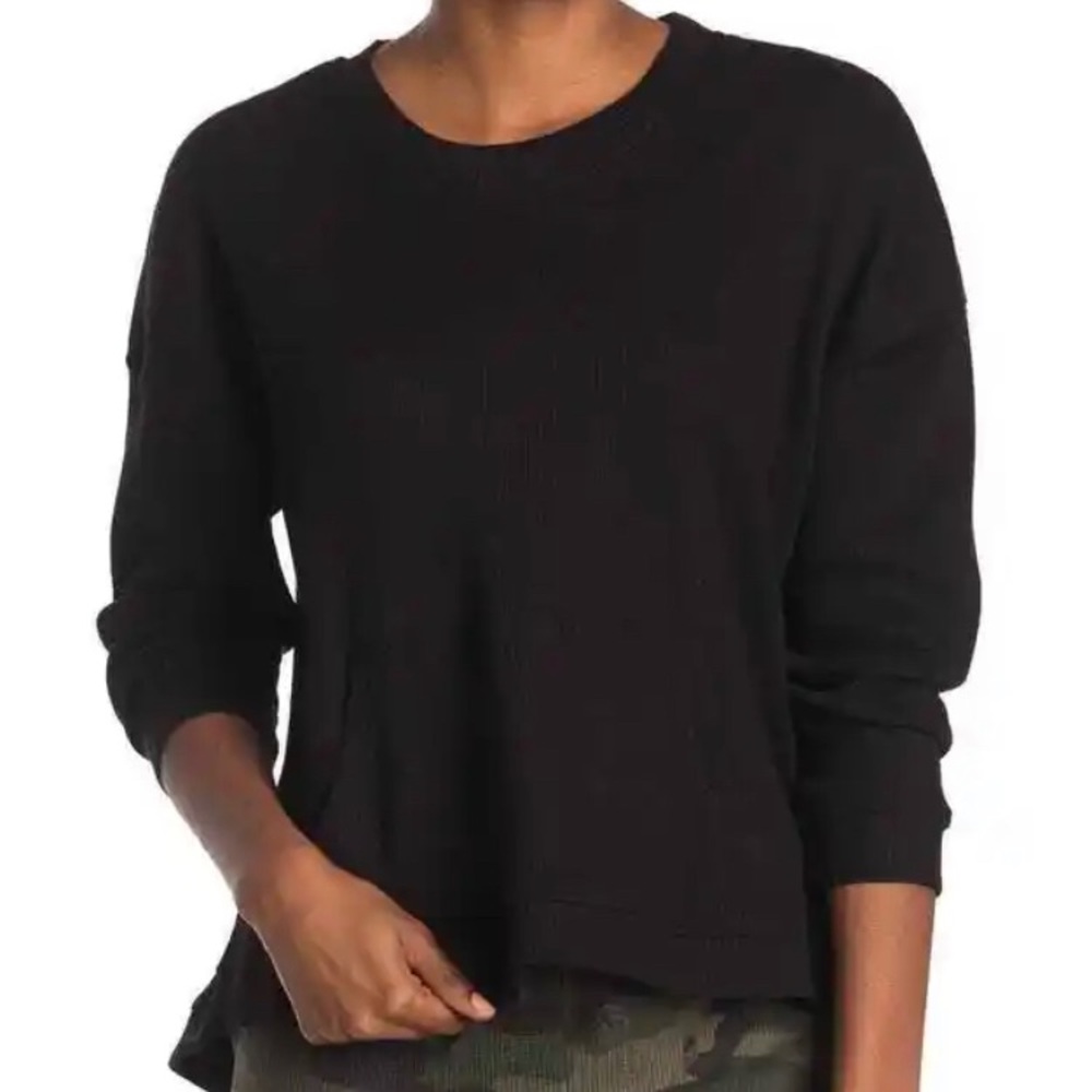 RDI Waffle Knit Kangaroo Pocket Sweater‎ Thermal Hi Low Hem Black Small NWT 5496